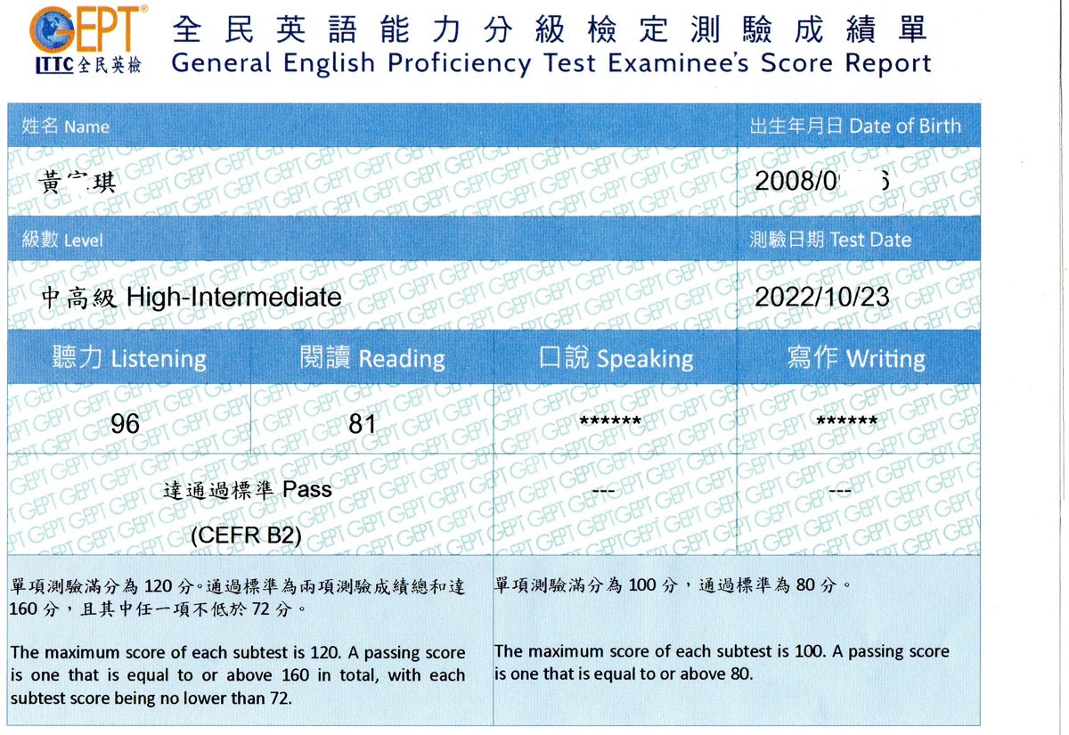 2022/11/9 國二上的Annie通過全民英檢中高級初試 2022/11/9 國二上的Annie通過全民英檢中高級初試
